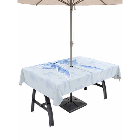 Outdoor Tablecloths with Umbrella Hole & Zipper, Cute Bow Rectangle Tablecloth 60x120 Inch, Blue Bowknot Minimalist Solid Color Waterproof Table Cloth, Patio/Pool/Picnic Table Covers