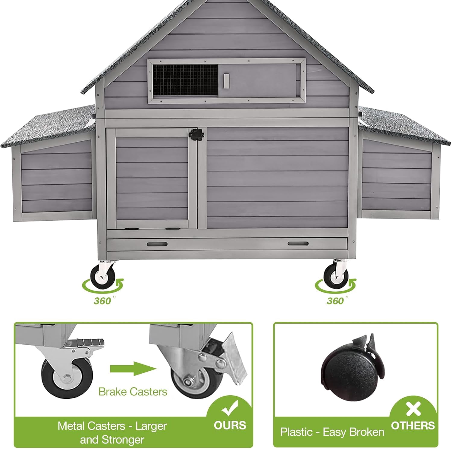 Aivituvin Large Chicken Coop with Wheels 6 Nesting Box Outdoor Mobile Hen House Wooden Poultry Cage Waterproof Asphalt Roof for 4-6 Chickens Gray