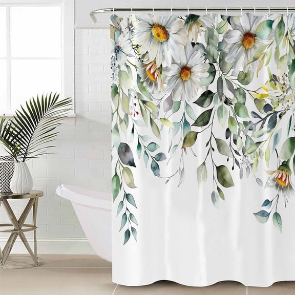 Eucalyptus Leaves Bathroom Curtain 84 Inch Shower Curtain with Hooks, White Daisy Spring Floral Summer Botancial Waterproof Polyester Bath Curtain Washable Bathtub Curtain 72''x 84''