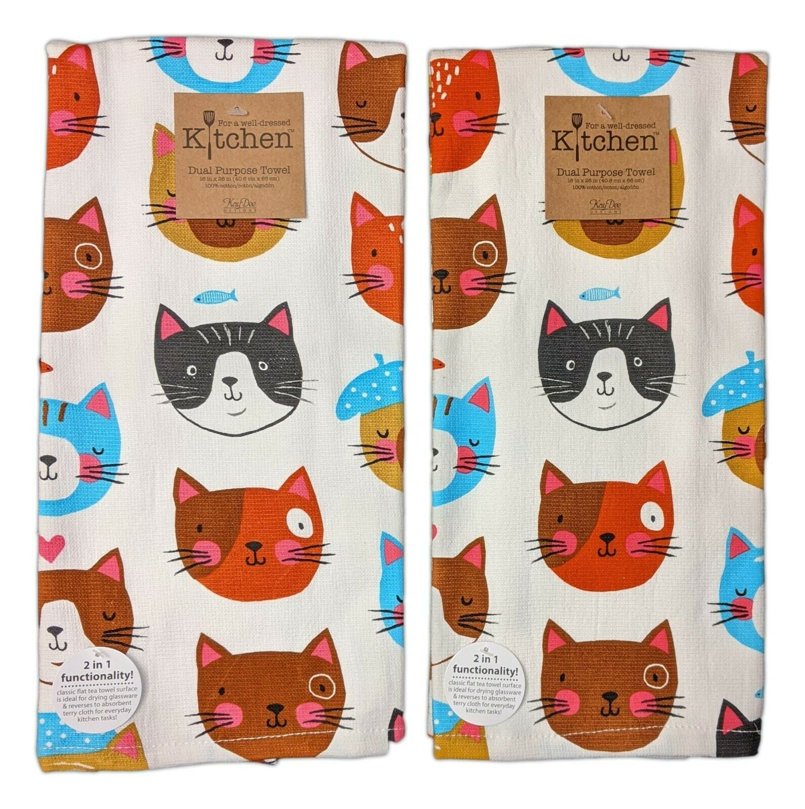 Set of 2 CRAZY CATS Cat Faces Terry Kitchen Towels by Kay Dee Designs