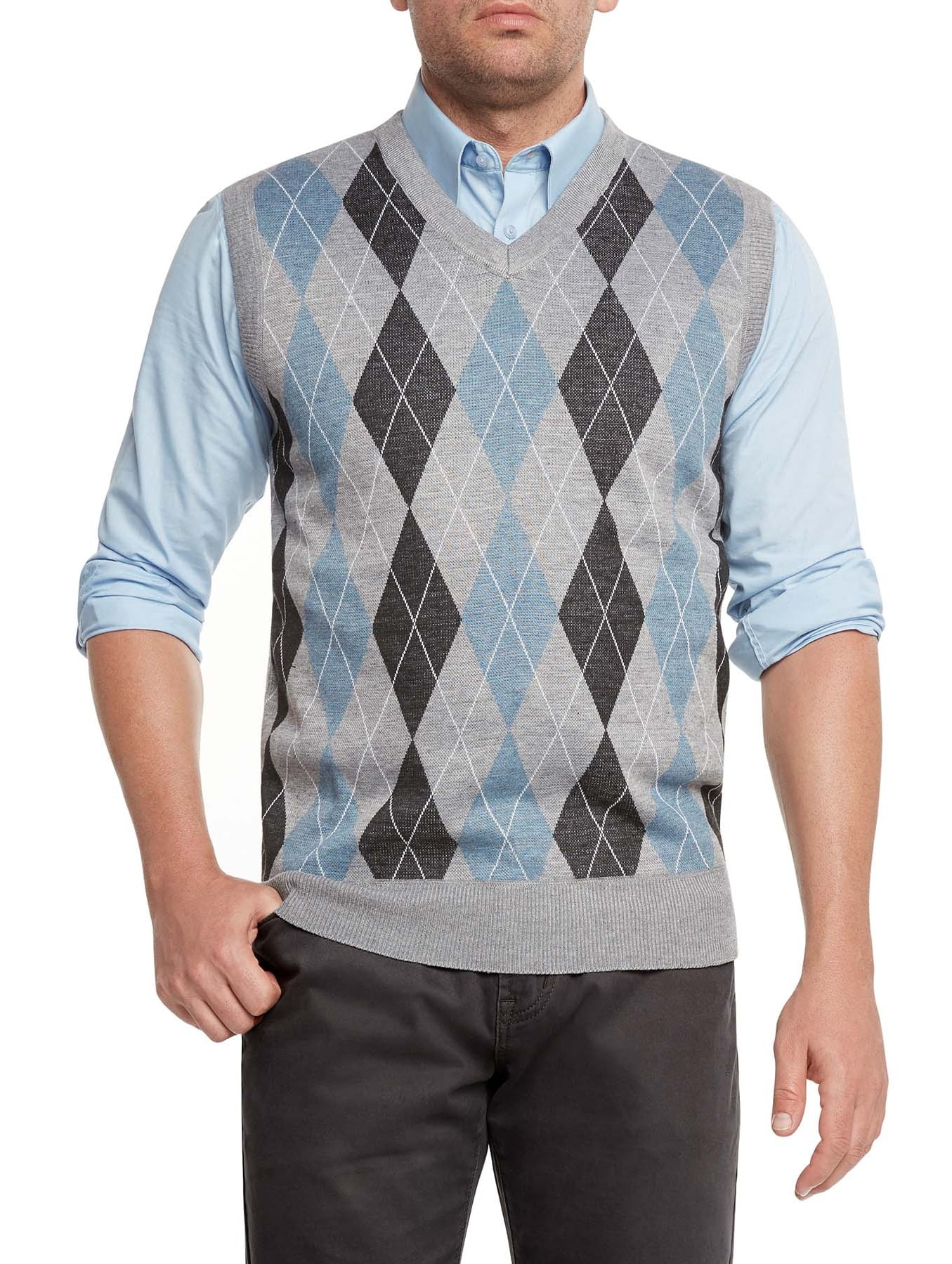 Mens Diamond Argyle River Road Jumper Knitted V Neck Sweater Pullover Soft Top 
