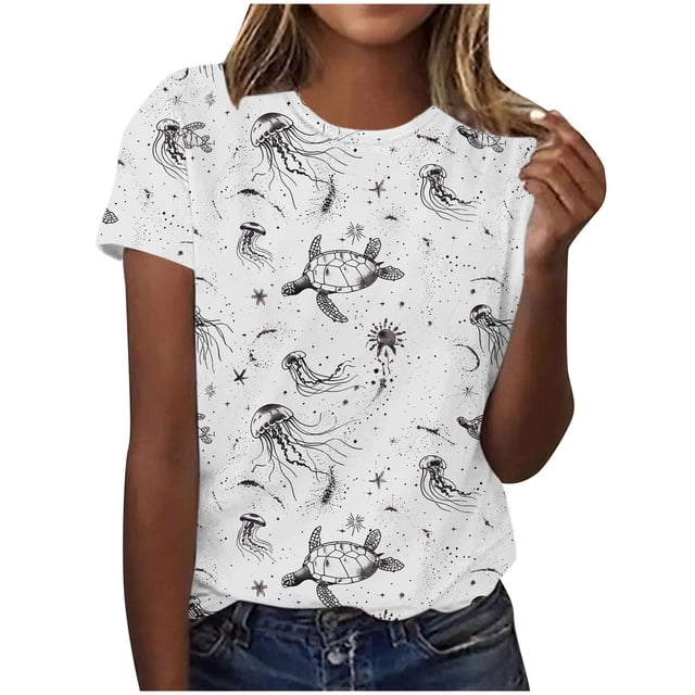 Tnhcen T-Shirt de Base à Manches Courtes d'Été à Col Rond pour Femme avec Imprimé d'Animaux Marins / Extensible, Respirant, Grande Taille (P-3TG) / Décontracté, Plage, Usage Quotidien