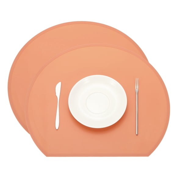 Juego de 2 Manteles Individuales de Silicona, Manteles Resistentes al Calor para Mesa de Comedor Semicirculares Antideslizantes, Fáciles de Limpiar, Impermeables y a Prueba de Aceite, Naranja Oscuro