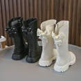 thumbnail image 3 of Girls Wide Calf Riding Boots Sweet Pearl Bowknot Splice Leather Round Toe Lug Sole Size Zipper Tall Booties Black 3.5 Big Kid, 3 of 5