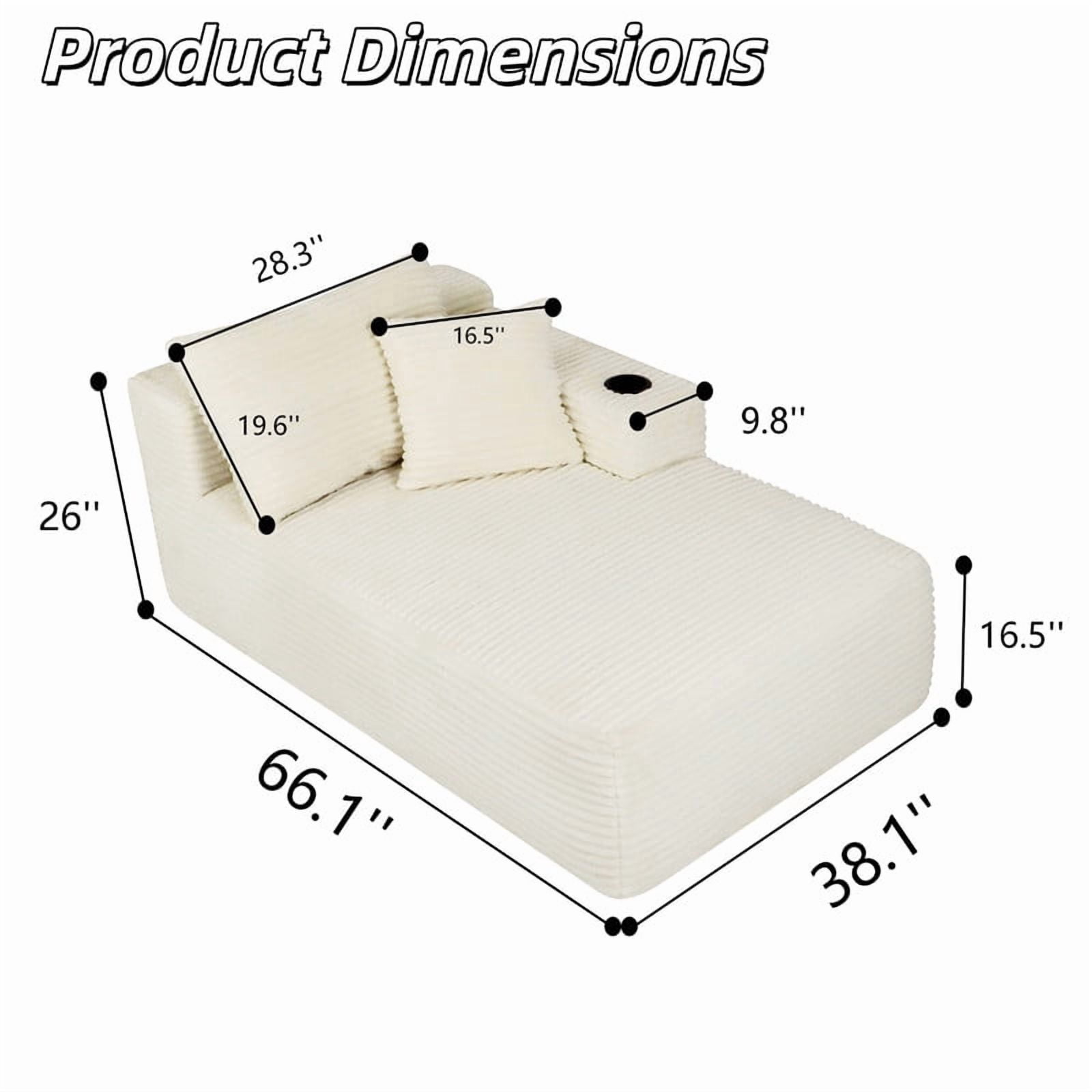 38''W Single Chaise Lounge with Right Cup Holder & Storage Pocket, Boneless Floor Sofa Accent Chair with Pillow