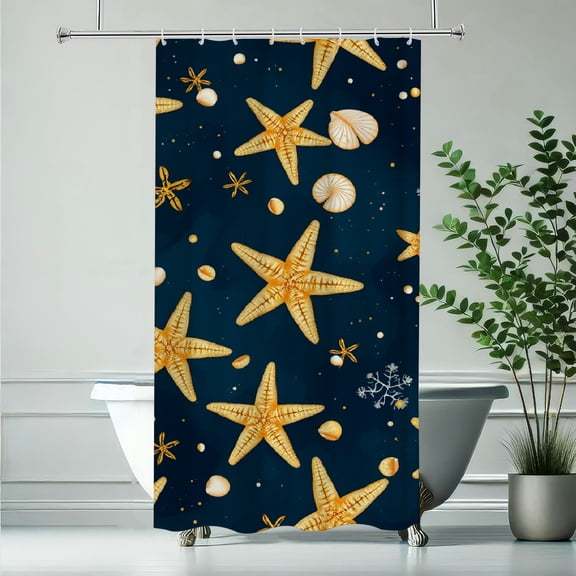 RKSupls Shower Curtain, Gold Starfish and Seashell Pattern Waterproof Polyester Shower Curtain with Hooks for Chic Elegant Home Bathtub Bathroom Decor Washable Curtains