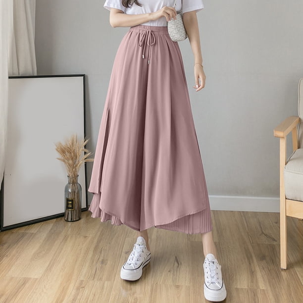 WILLBEST Pantalones elegantes de Gasa Plisada con Pierna Ancha y Cintura Alta para Mujer, Falda de Nueve Puntos, para Uso Informal. Chica