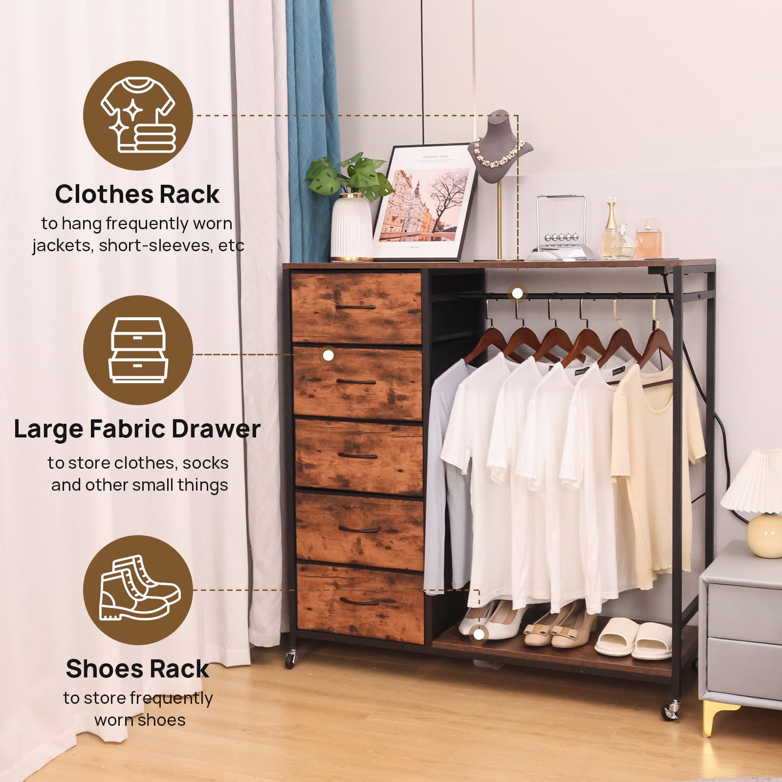 Walsport Dresser for Bedroom with Clothes Rack, 5 Drawers Dresser with Charging Station & LED Lights,Storage Chest of Drawers with Wheels, Wooden Top, Lockable Wheels, Bedroom, Closet(Brown)