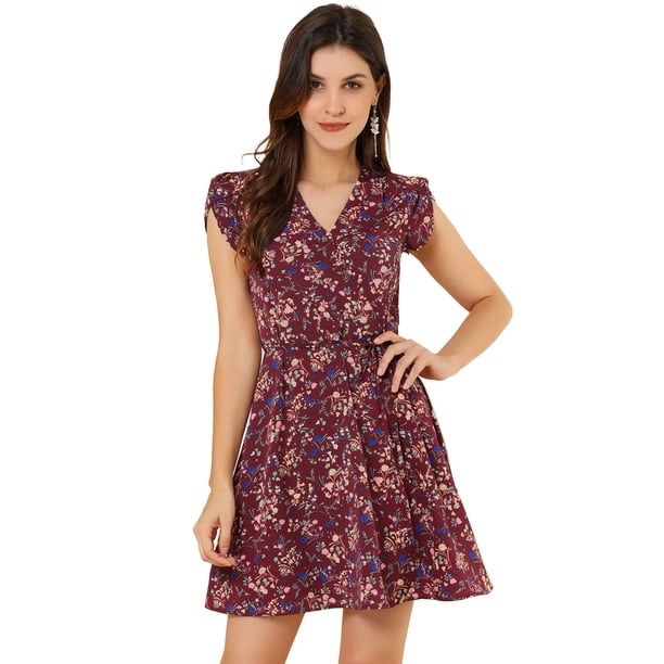 Vestido Floral de Manga Corta Allegra K Bohemia Borgoña Talla M