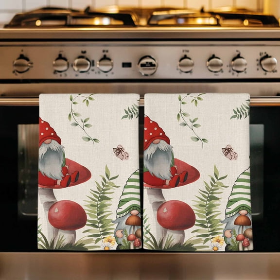 Gnomes Mushroom Kitchen Towels Set of 4, Farmhouse Vintage Leaves Plants Butterfly Absorbent Dish Towels for Kitchen, Microfiber Hand Towel, Quick Drying Tea Towel for Cleaning Decorative Dishcloths
