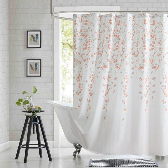 Fabric Floral Shower Curtain, Orange and Gray Weeping Flower Shower Curtains for Bathroom, Modern White Bathroom Curtains, 72" W x 72" H