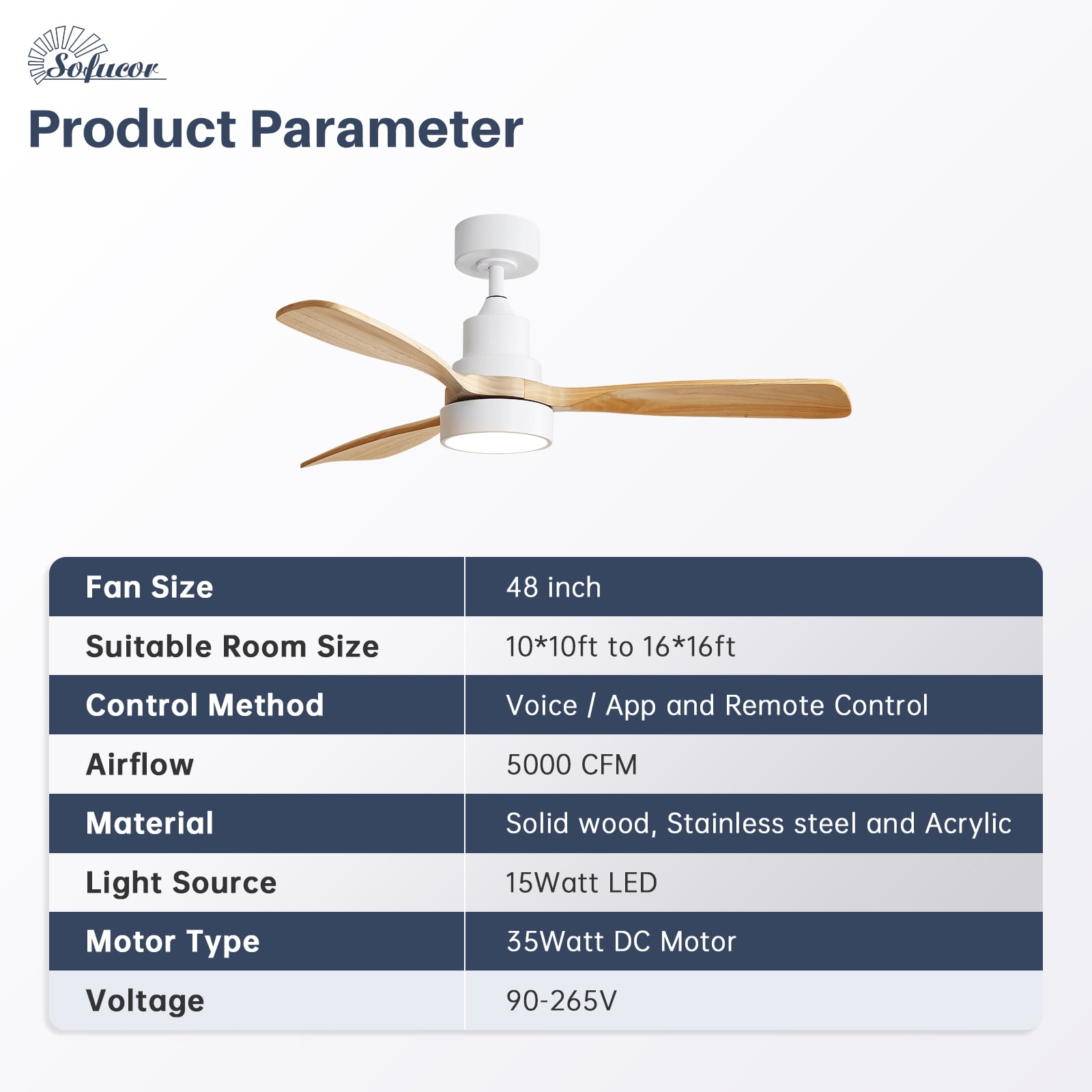 Sofucor 48 Inch Smart Ceiling Fan with Lights and Remote/APP Control, Compatible with Alexa/Google, 3 Blade White Solid Wood