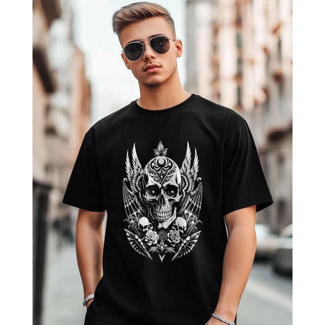 Camisetas de manga corta con estampado floral de calavera abstracta para hombre, camisetas de cuello redondo