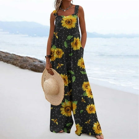 

Ichuanyi Pants for Women Clearance Women s Plus Size Women Print Jumpsuit Pajamas Casual Buttons Pocket Sleeveless Wide Leg Long Pants Loose Causal Pants