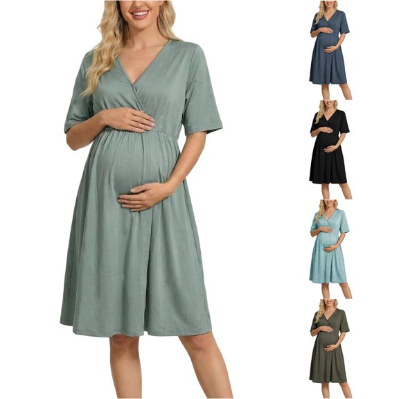 Gyujnb Cross Wrap V Neck Maternity Nursing Midi Dress Loose Half Elbow Sleeve Under Bust Gathered Empire Waist Solid Flowy Soft Breathable Stretch Knit Gown,XXL