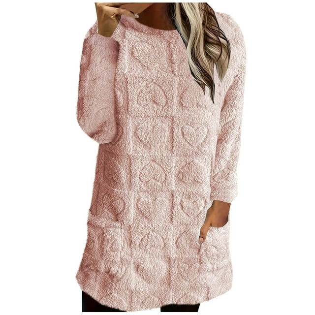Annhoo Manteaux pour Femmes en Molleton à Col Rond Manches Longues Chandail Ample Décontracté Couleur Unie Thermique pour Randonnée en Plein Air avec Poches
