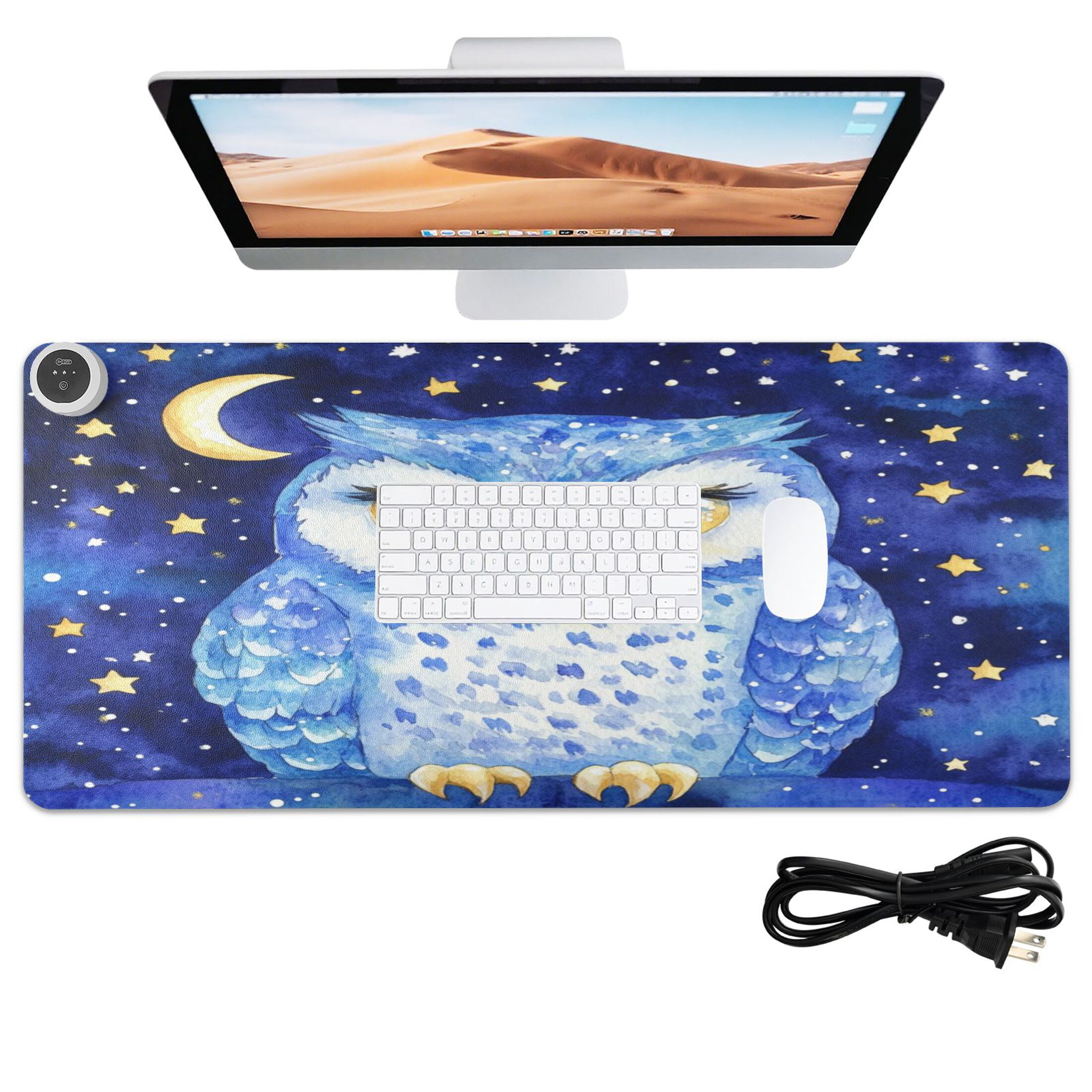Wobogo Blue Starry Owl Heated Mouse Pad Extra-Large Desk Mat With 3 Heating Levels and 3-hour Auto Shut-Off Protection Ideal for Computer Keyboards Home Office Hand-warming Essential 31.5in × 13in