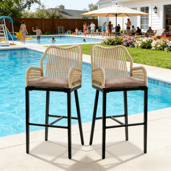 UBesGoo 2-Pc Modern Wicker Bar Stools, Iron Frame, Cushioned, Indoor Outdoor, Beige