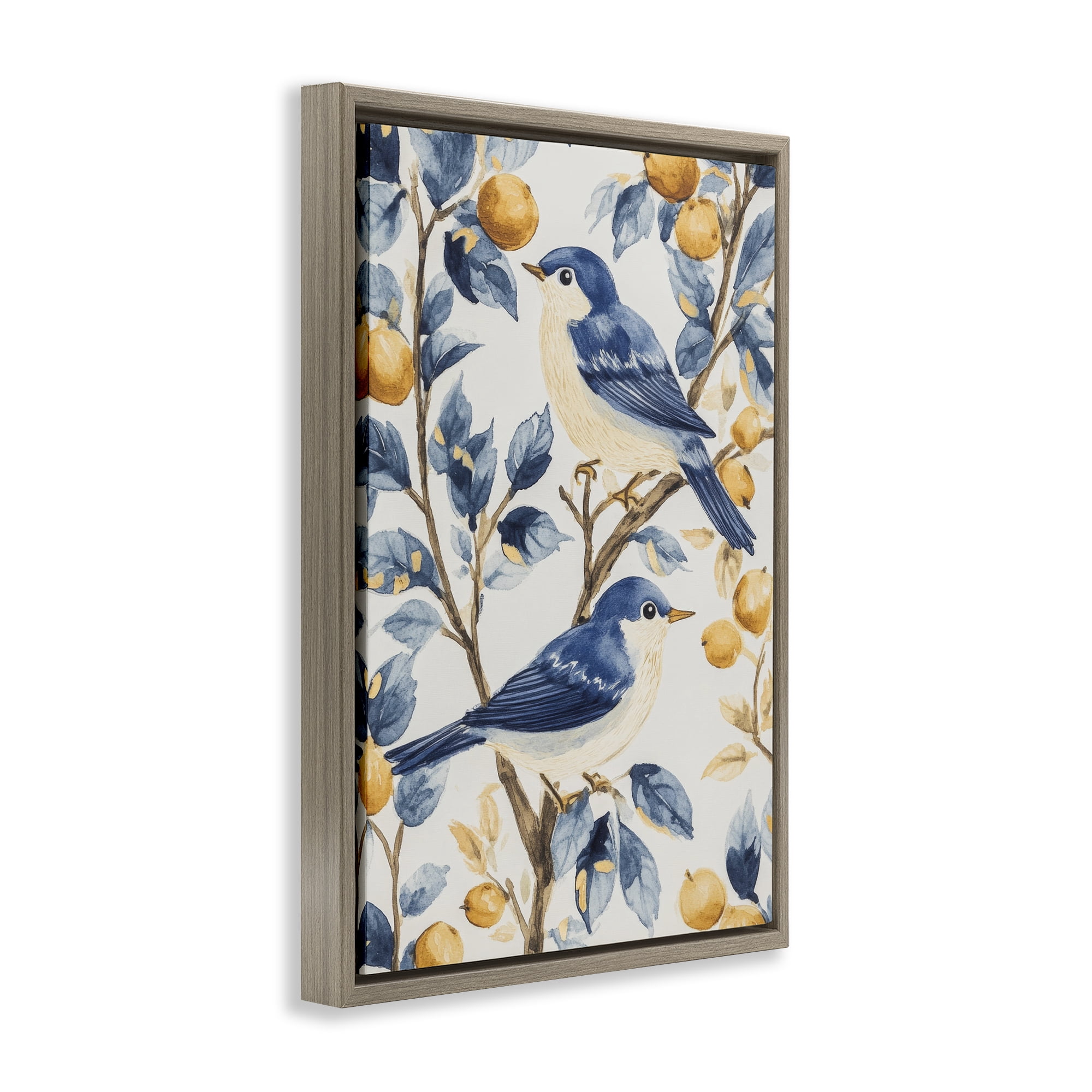 Stupell Industries Sweet Blue Birds on Lemon Branch Brown Framed Floater Canvas Wall Art, design by Petal Prints Design