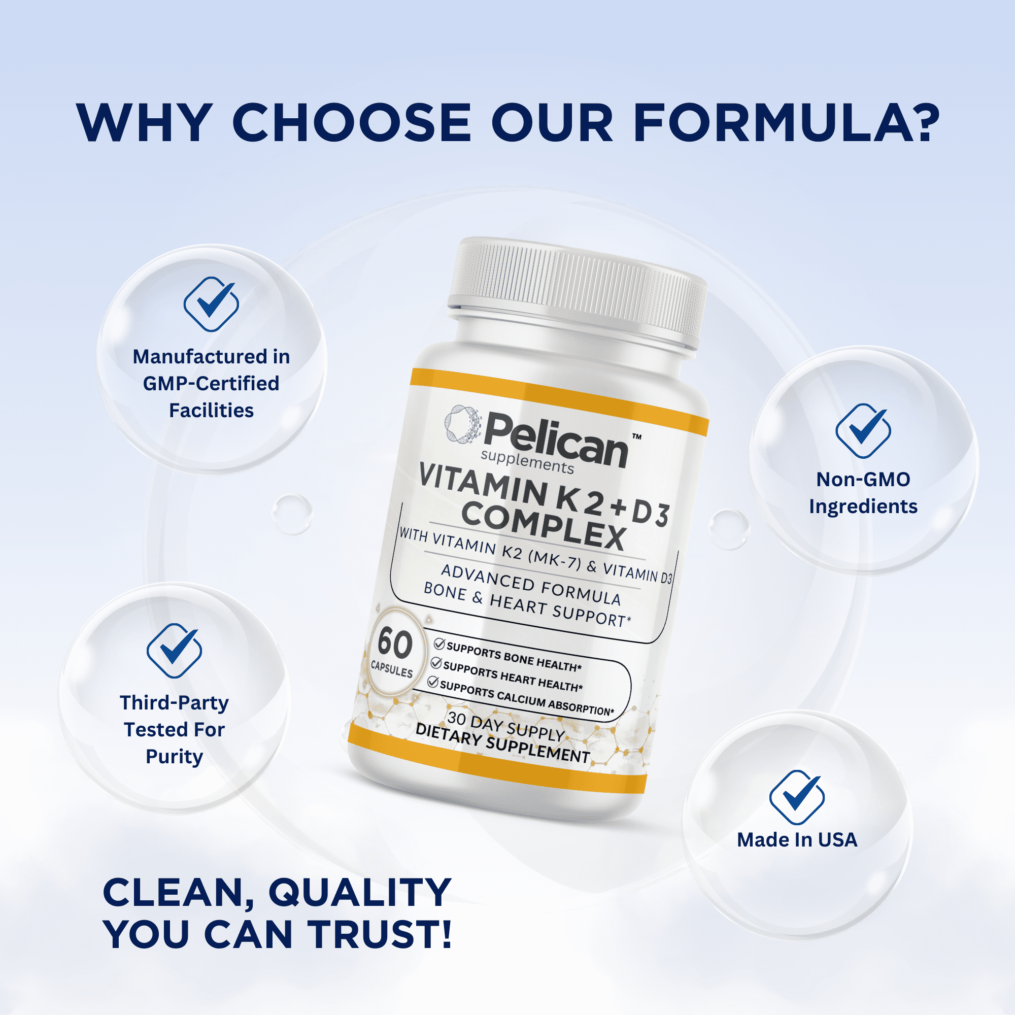 Pelican Vitamin K2 + D3 Complex – Bone & Heart Support Formula with MK-7 & Vitamin D3 – 60 Capsules