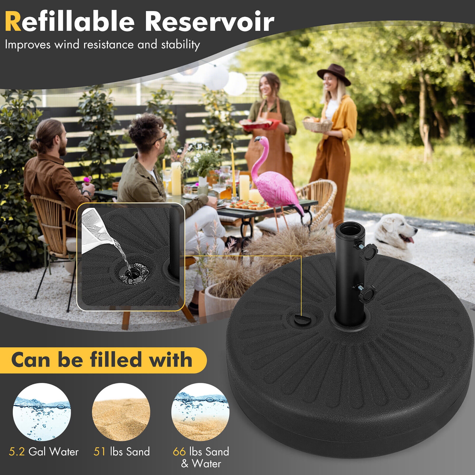 Gymax Patio 19.5'' Fillable Round Umbrella Base Stand Holder Heavy-Duty Pole 1.5''/1.9''