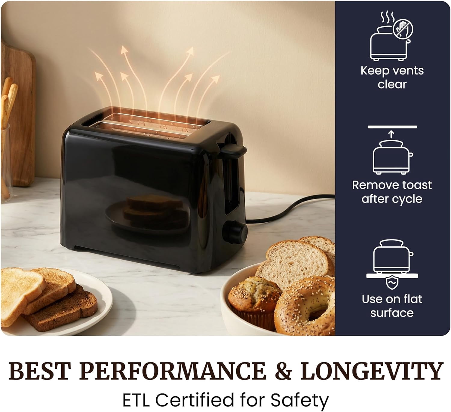 2-Slice Cool Touch Toaster – 6 Browning Levels, Extra Wide 1.25” Slots for Ba ls & Thick Bread, Cancel Function, Compact, ETL Certified, Black