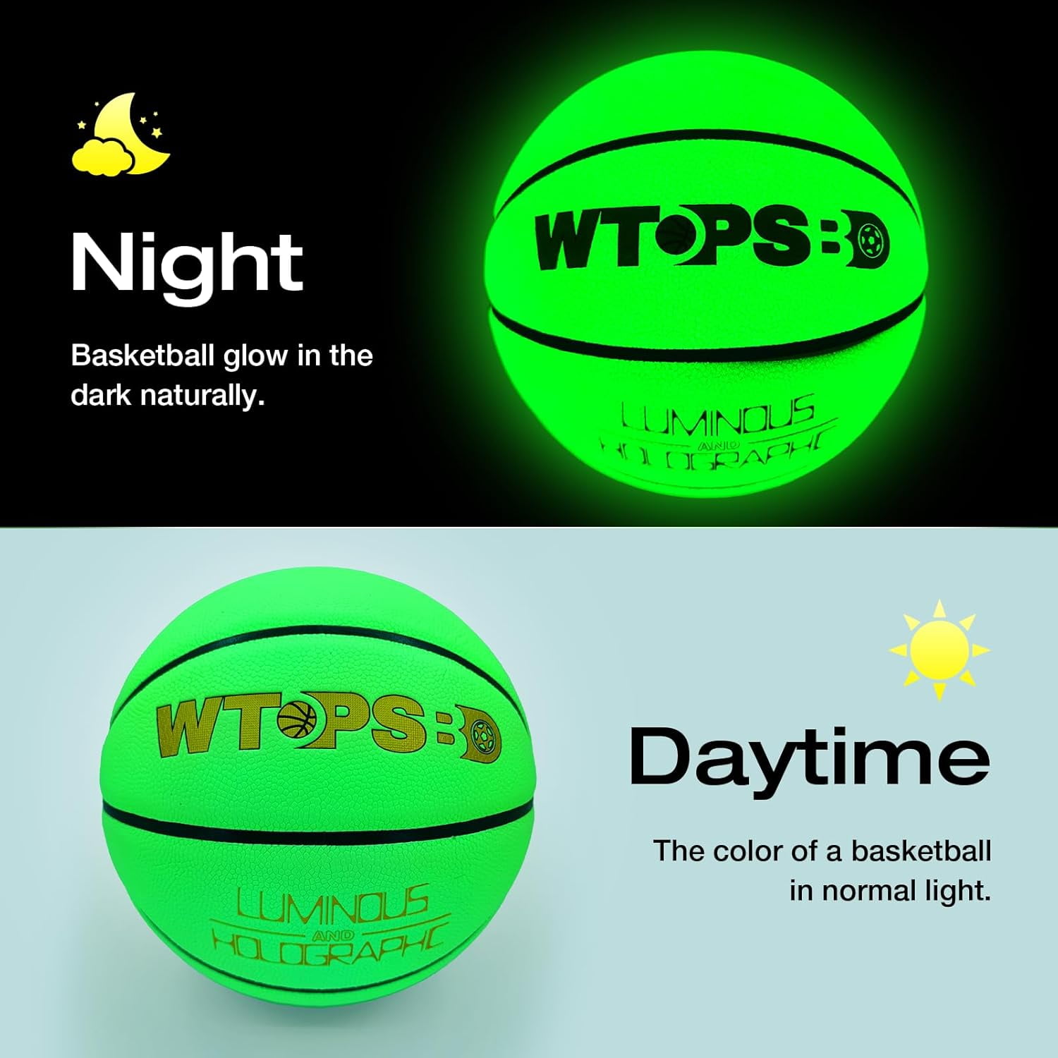 Glow in The Dark Basketball, Cool Glowing Luminous Basketball with Pump and Bag Indoor Outdoor PU Leather Basketballs Size 5/6/ 7