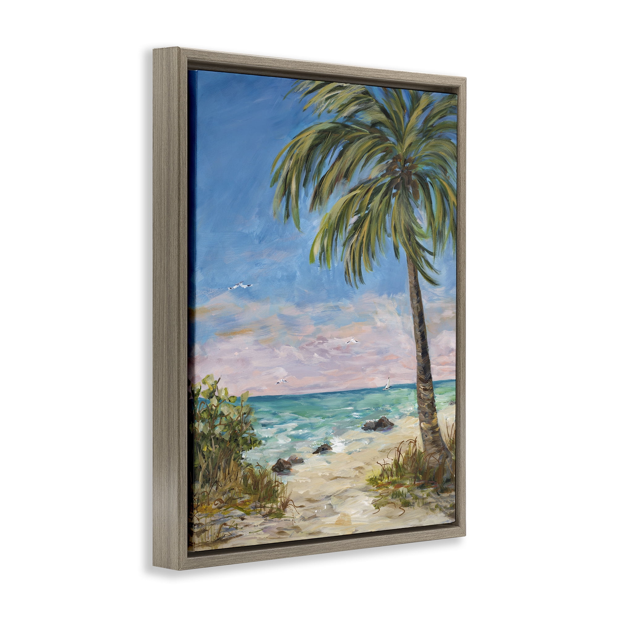 Stupell Industries By the Single Palm Coastal Painting Brown Floater Framed Canvas Art Print Wall Art, 25 x 31
