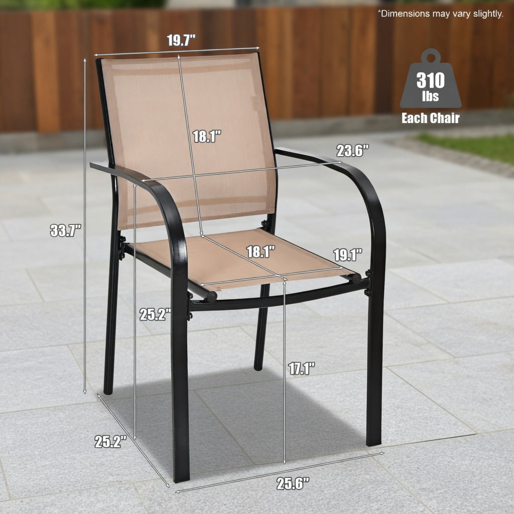 Hommoo 2-Pack Stackable Outdoor Dining Chairs with Armrests, Rust-Resistant Steel Frame, Breathable Fabric Seat, Patio Chairs for Deck, Garden, Poolside, Brown