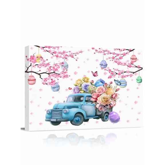 Happy Easter Canvas Print Wall Art Truck Load of Rose and Color Egg Pictures Painting Morden Artwork for Living Room Bedroom, Ready to Hang - 12"x16"