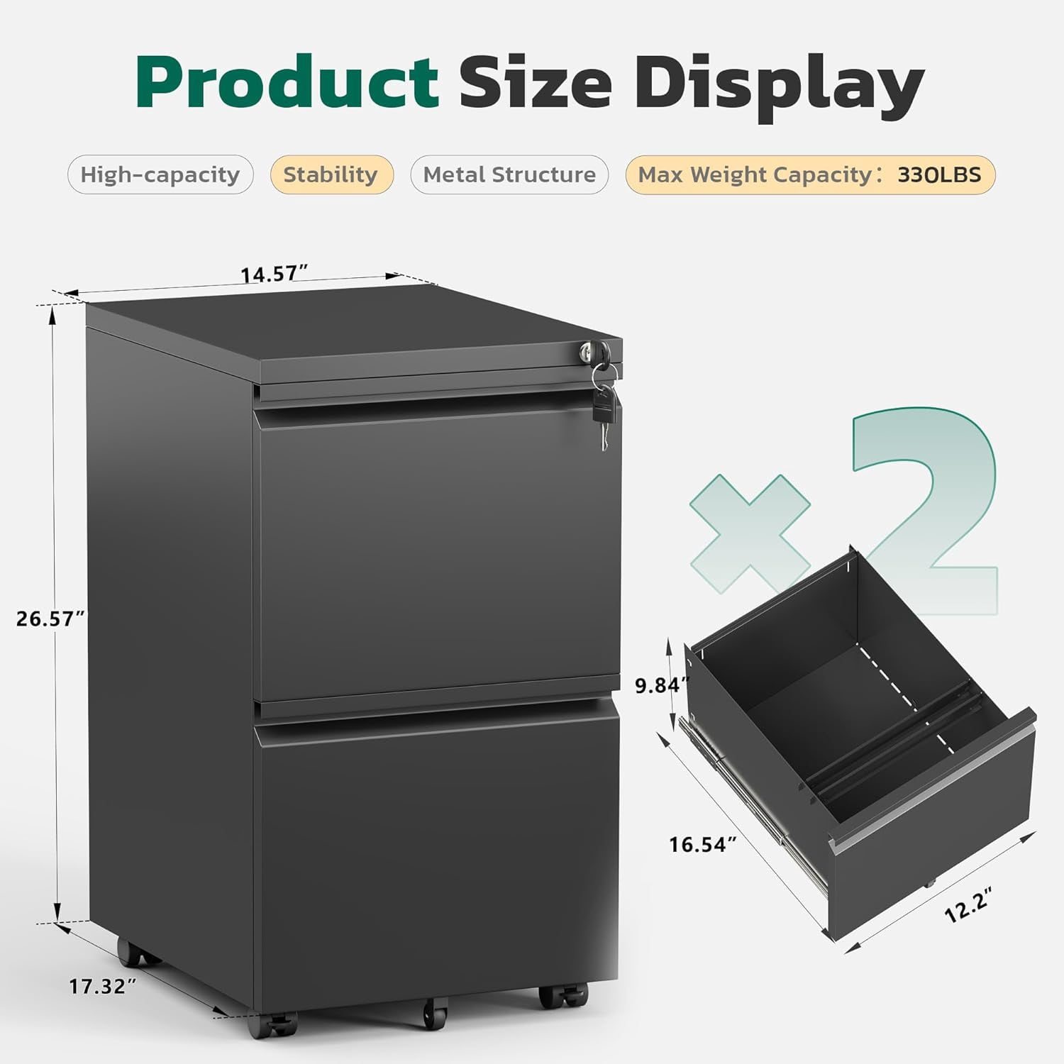SOLAURA 2 Drawer File Cabinet with Wheels & Lock, Metal Rolling File Cabinet, Under Desk Mobile Filing Cabinet  for Office, Fits Legal/Letter/A4 Size(Unassembled, Black)