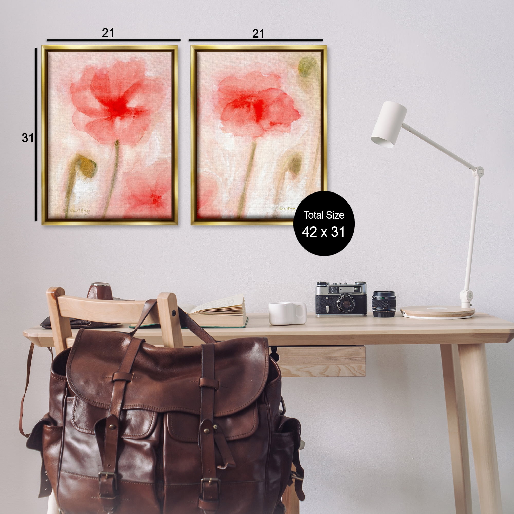 Stupell Industries Beautiful Coral Poppy Blossom Plants & Flowers Painting Gold Floater Framed Canvas Art Print Wall Art, 21 x 31, Set of 2