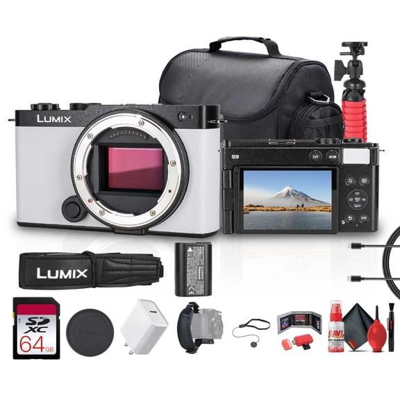 Panasonic Lumix S9 Mirrorless Camera in White (DC-S9GD-W) Bundle Including: 64 GB Mem Card, Battery Pack, Case, Lens Caps, Hand Strap, Adapter, Cleaning Kit, Flexible Tripod, Card Reader, Card Wallet