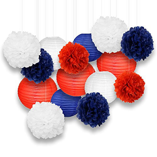 Baby Showers Red/White/Blue Paper Lanterns and Décor for Birthday Parties Weddings and Life Celebrations! Just Artifacts Decorative Paper Party Pack 15pcs Paper Lanterns and Pom Pom Balls