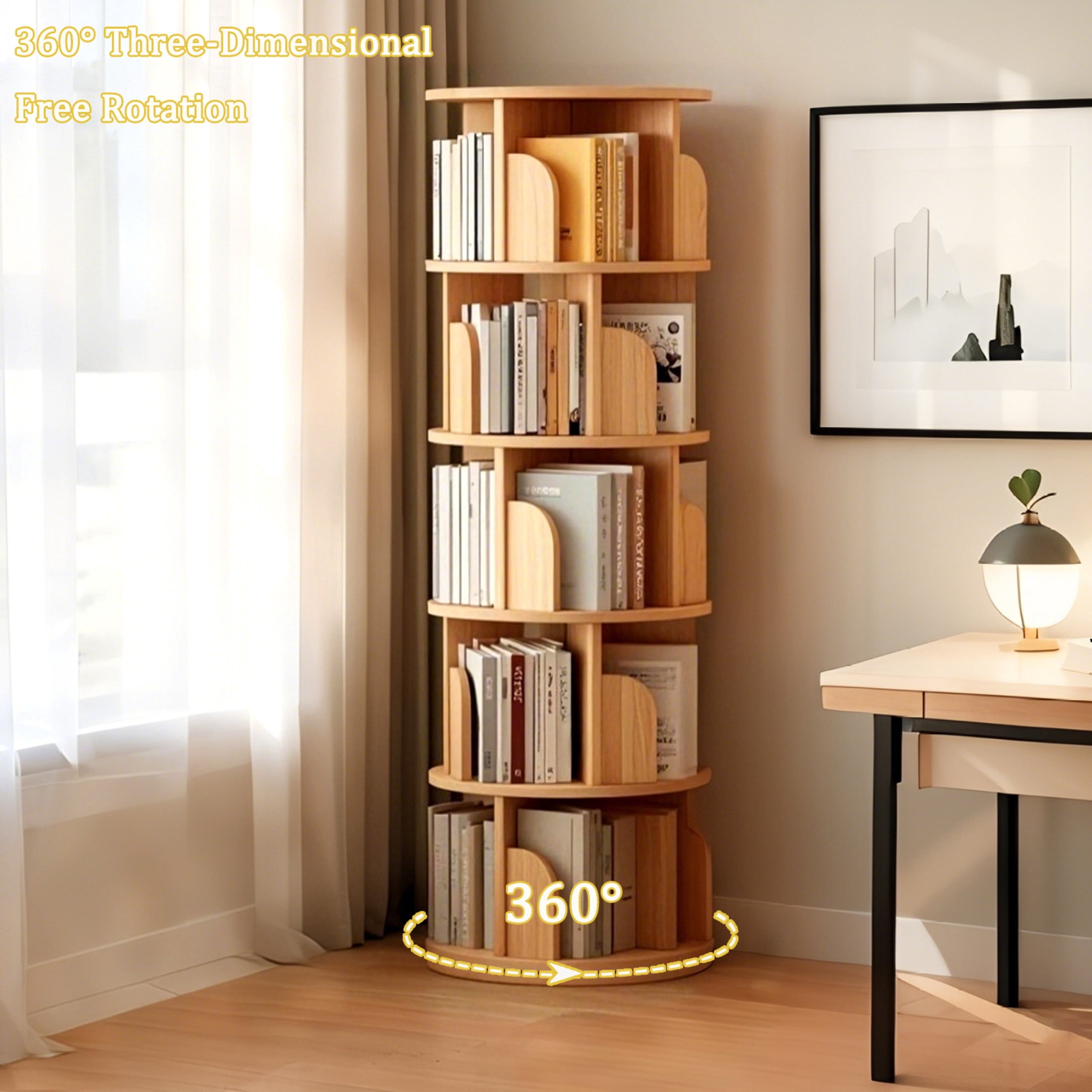 Noble House Pamela 5-Tier 360° Rotating Bookshelf, Round Display Tower, Space-Saving, for Home Office, Natural
