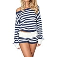 thumbnail image 2 of Xdegoge Womens 2 Piece Knit Lounge Set Striped Off Shoulder Long Sleeve Sweater Top and High Waisted Shorts Casual Summer Vacation Outfits, 2 of 5