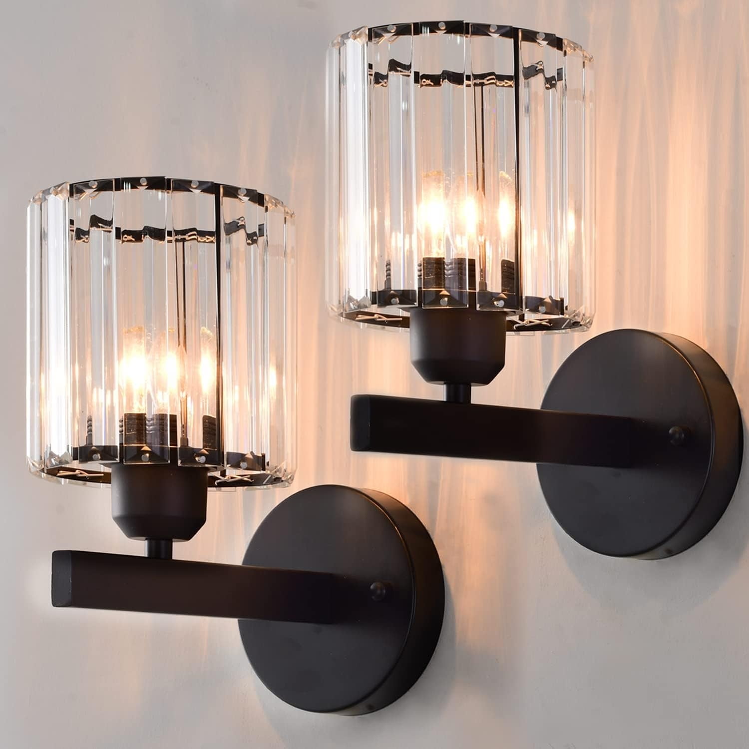 Black Wall Sconces Set of 2, Bathroom Wall Lighting Fixtures Over Mirror, Vanity Light, Modern Glass Shade Wall Lamp Black Indoor Decor for Bedroom Living Room Entryway