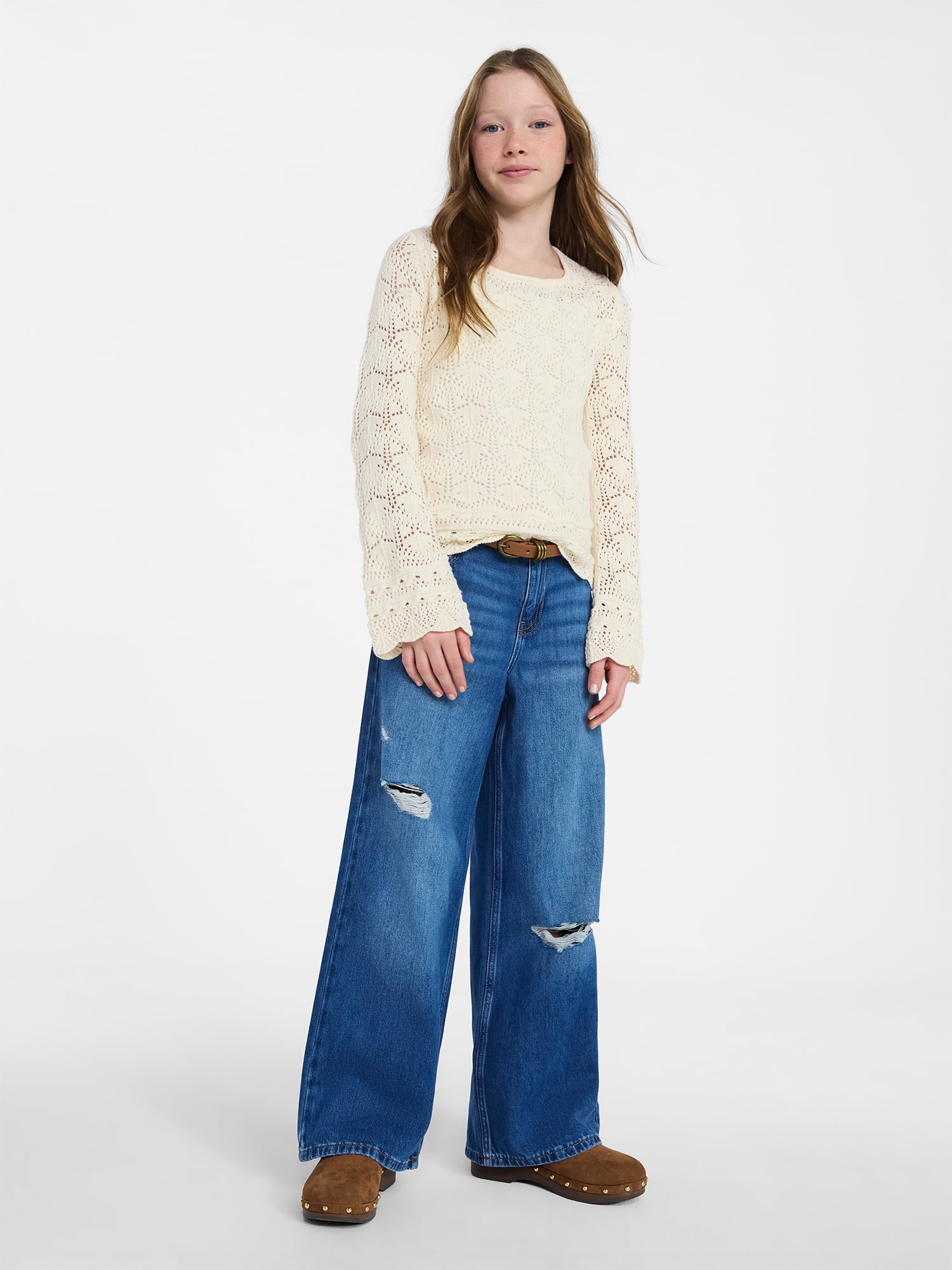 Weekend Academy Girls Crochet Top with Long Sleeves, Sizes 4-18
