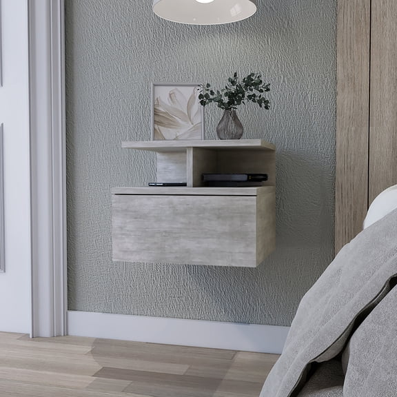 Bedroom Nightstand With 1 And 2 Shelf, Concrete Gray Look Shade