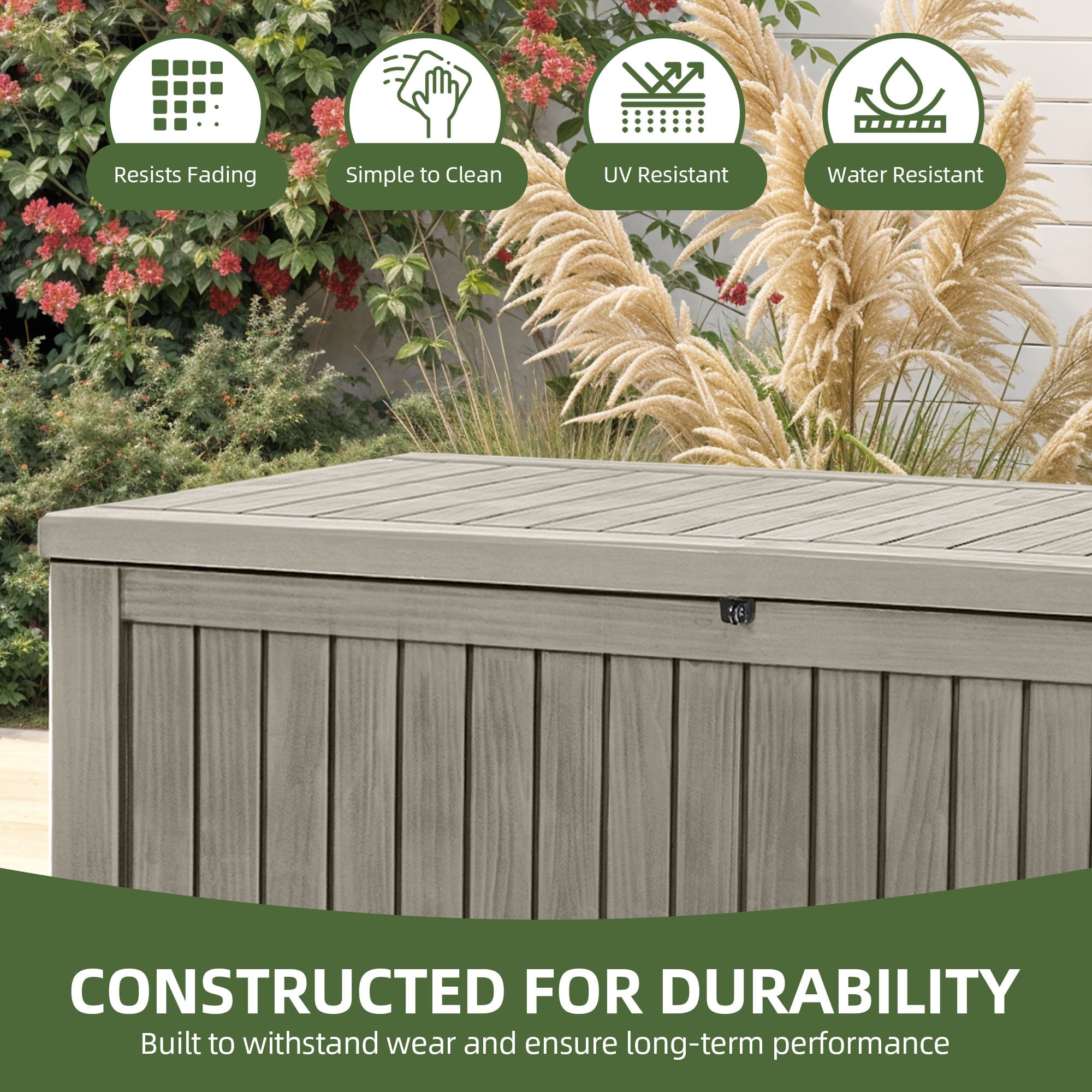 Uforic 150 Gallon Large Outdoor Deck Box, Waterproof Resin Storage with Divider, Lockable, for Patio Cushions Garden Tools Pool Supplies, Light Brown