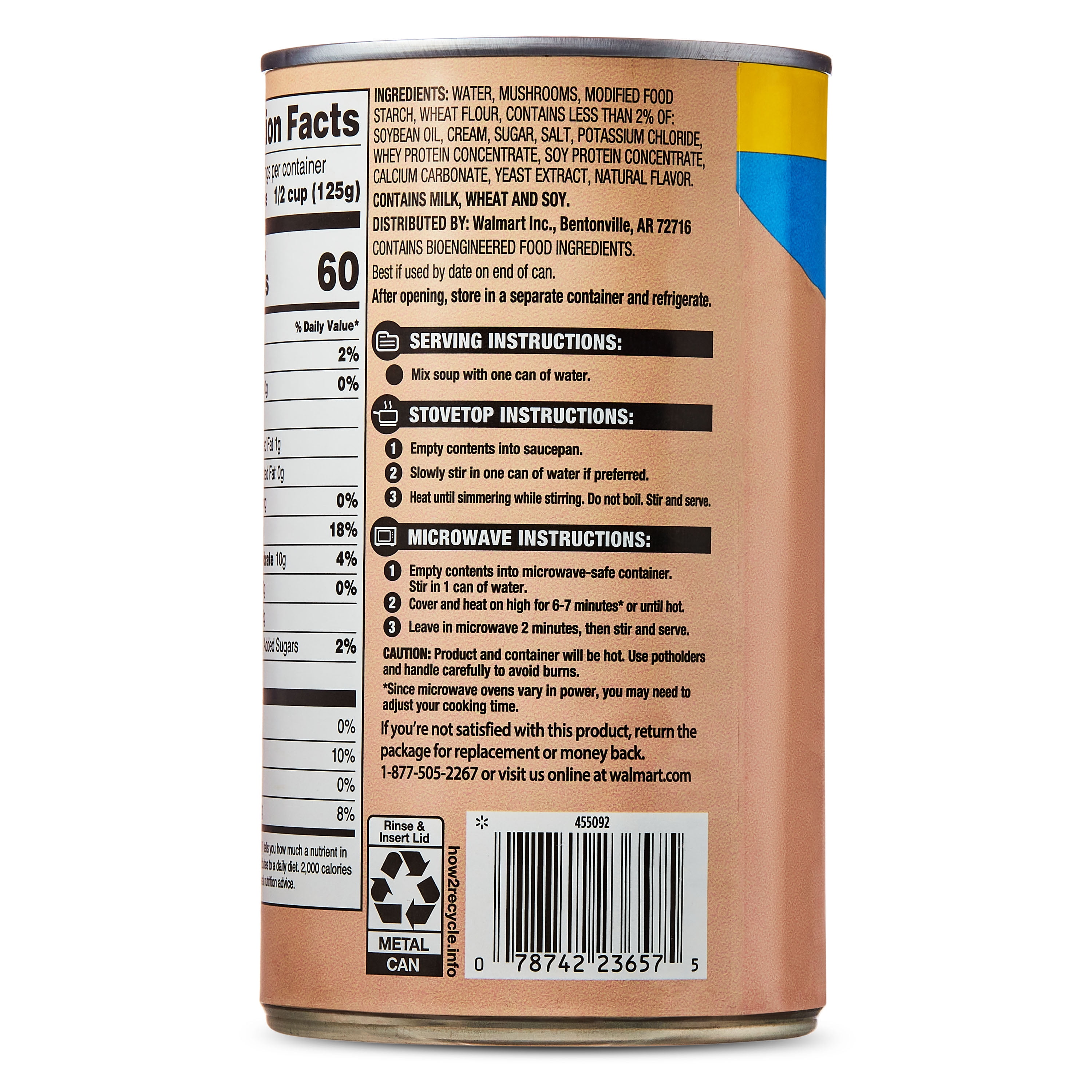 Great Value Heart Healthy 98% Fat Free and 50% Less Sodium Cream of Mushroom Condensed Soup, Family Size, 26 oz Can