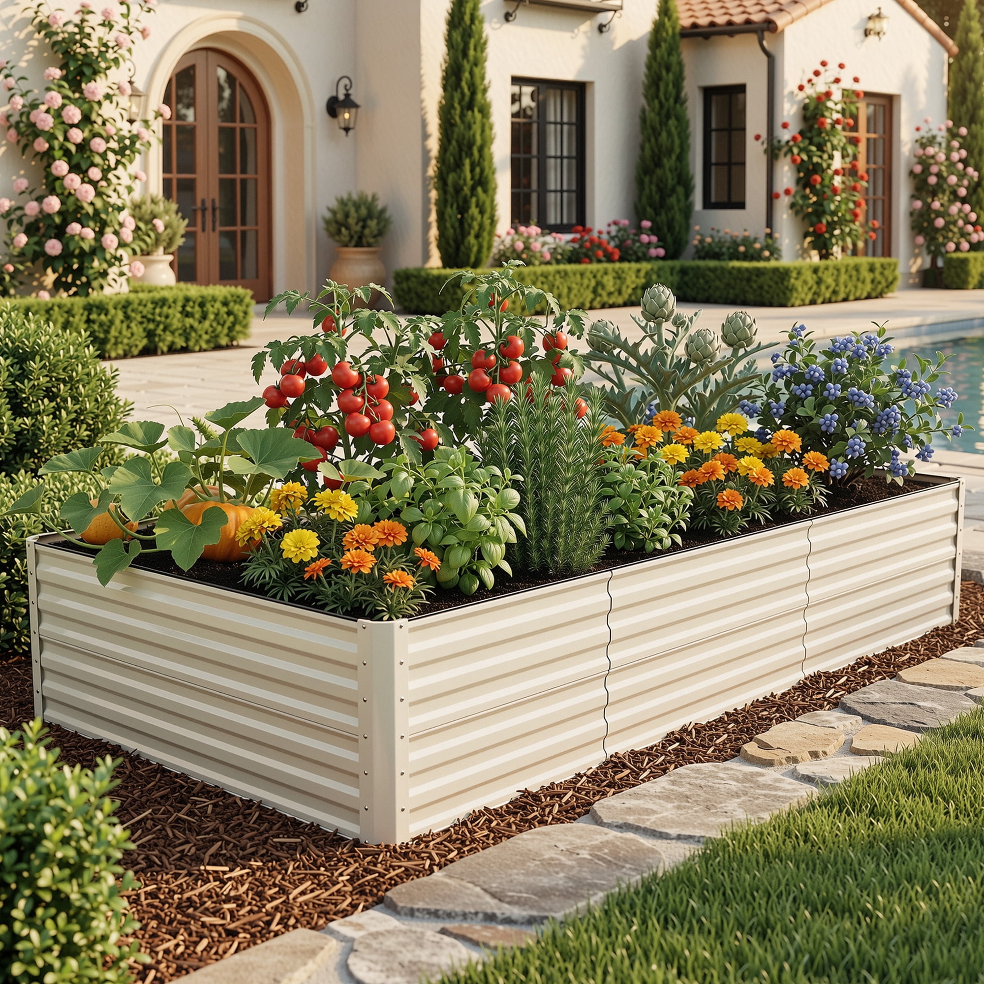 Uforic Galvanized Raised Garden Bed Kit, Metal Planter Box with Gloves, Metal Raised Garden Beds for Vegetables,Cream,8x4x2ft