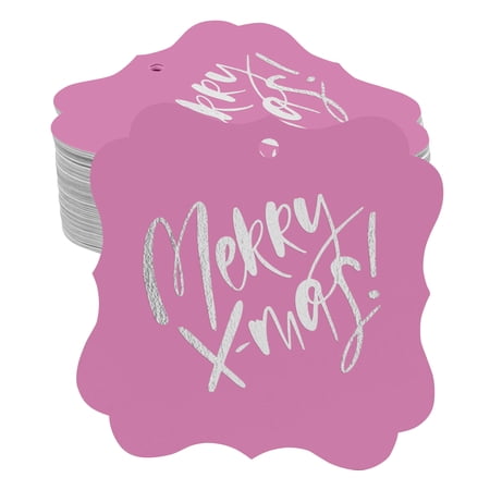 Inkdotpot Real Silver Foil Bracket Shape Paper Hang Tags Merry X-Mas Christmas Favor Tags Pack Of 50