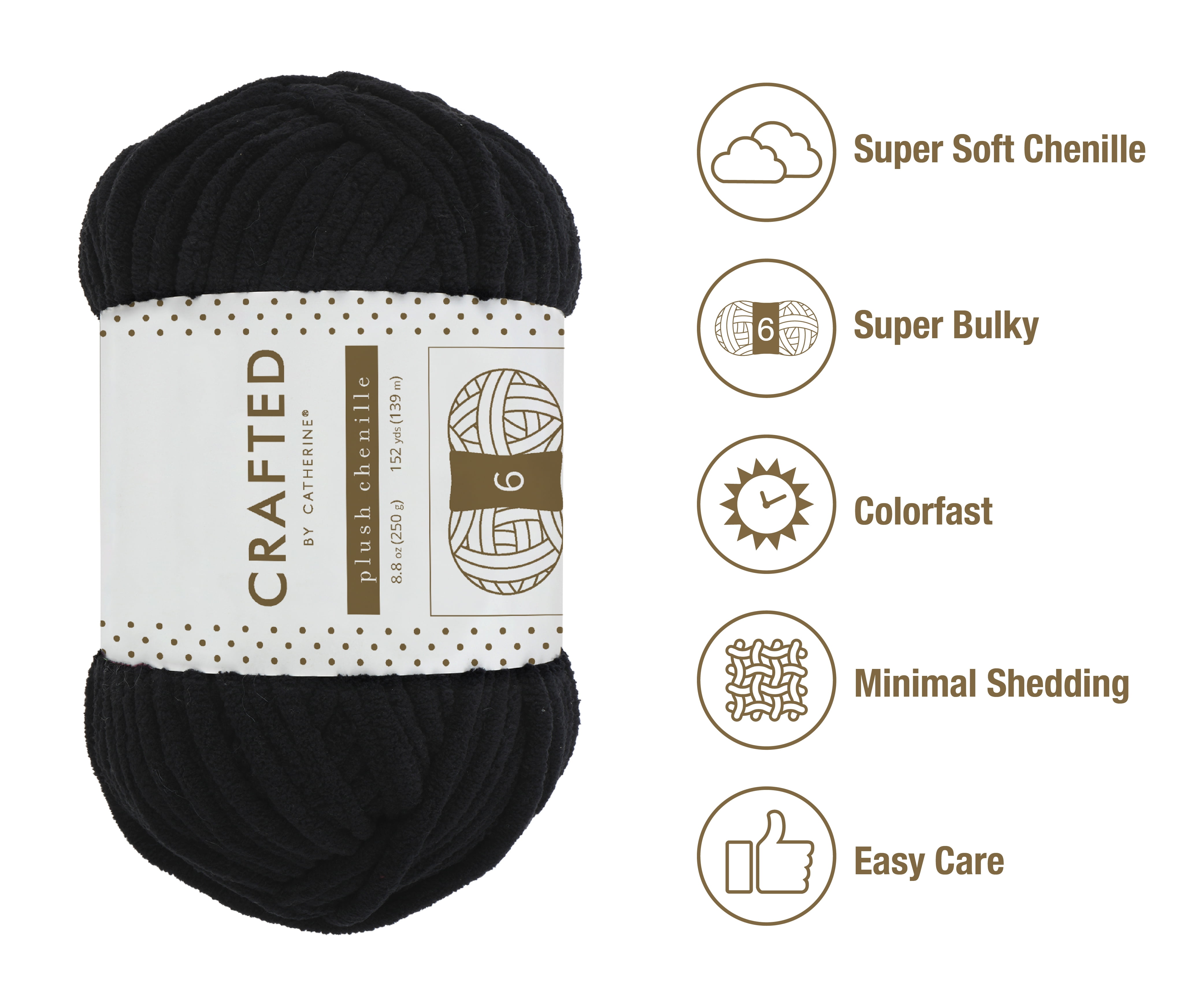 Crafted by Catherine Plush Chenille Yarn for Knitting, Crocheting and Amigurumi - 4 Pack (8.8 oz / 250g, 152 yards each skein), Black, Gauge 6 Super Bulky