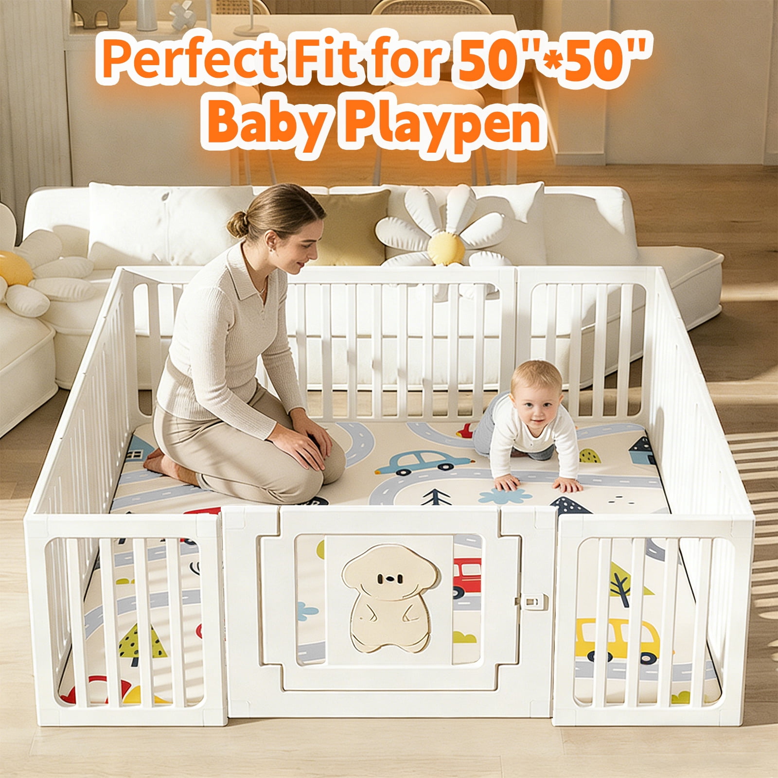 PU Leather Baby Play Mat, 50x50 Thick Foam Cushioned & Waterproof Playpen Mat for Infants and Toddlers (Double-Sided PU, Car)