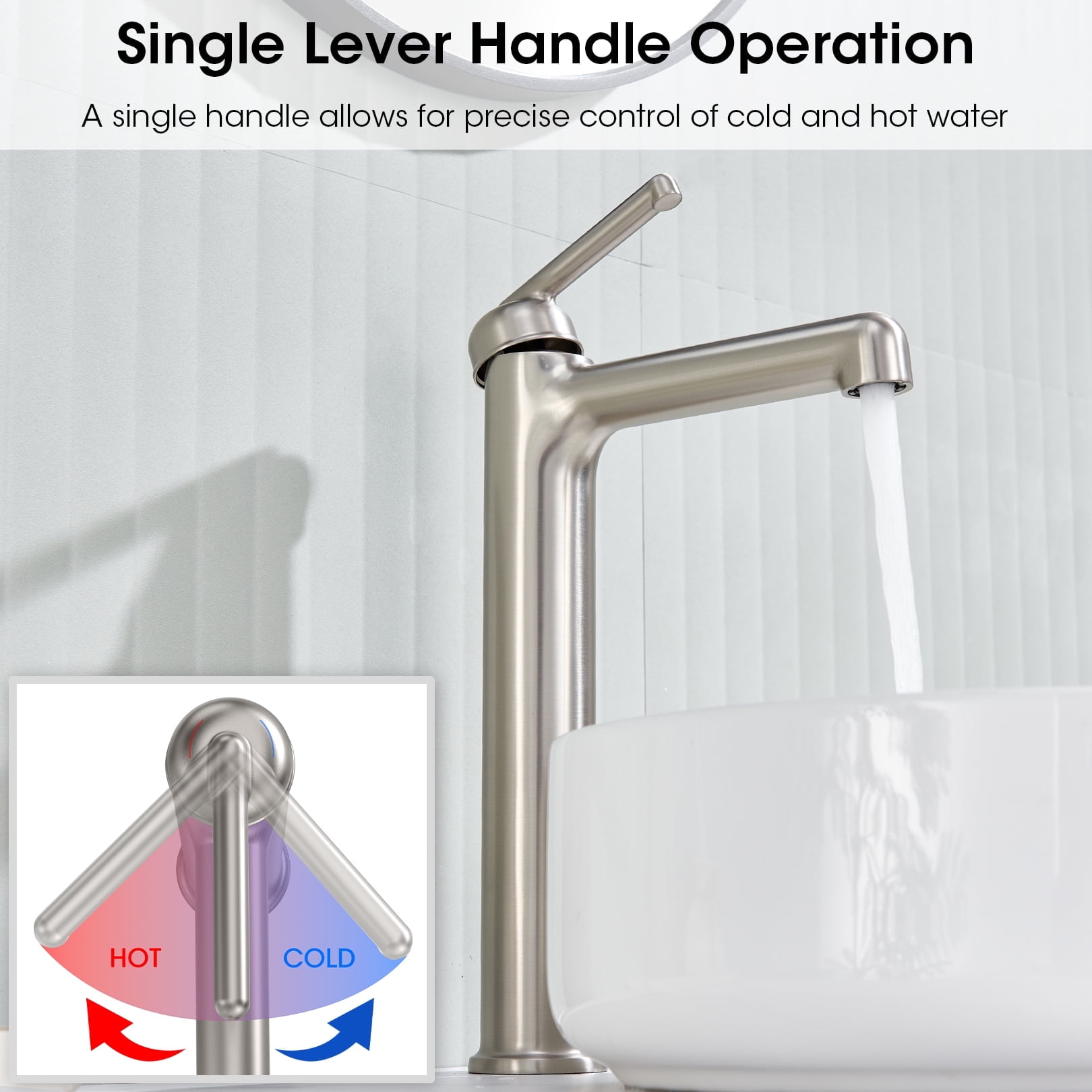 Wowkk Brushed Nickel Bathroom Faucets 9.84" High Spout Tall Basin Faucet, Single Handle Bathroom Sink Faucet with Pop Up Drain and Faucet Supply Lines