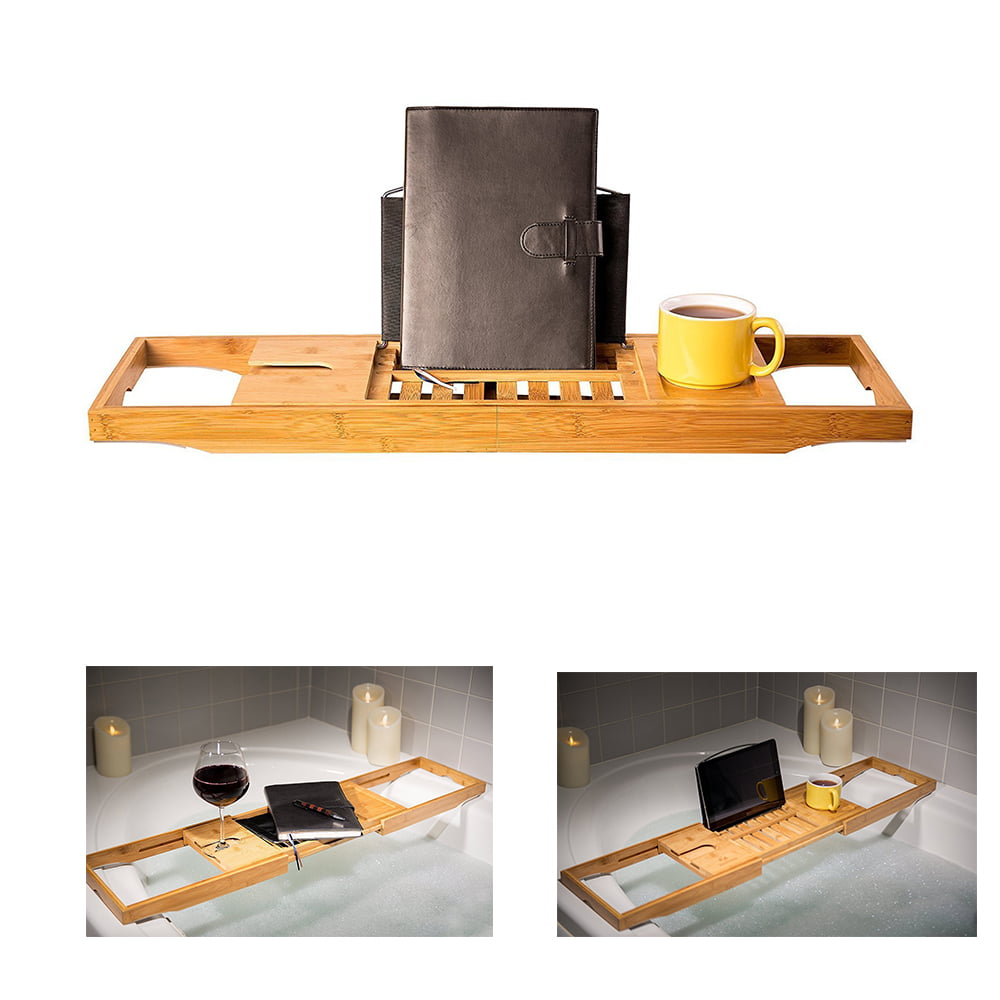 Natural Sustainable Bamboo Bath Tray Bath Board With iPad TranquilBeauty Bath Caddy Luxury Extendable/Adjustable Bath Tray With Wine Holder Tablet and Phone Stand 