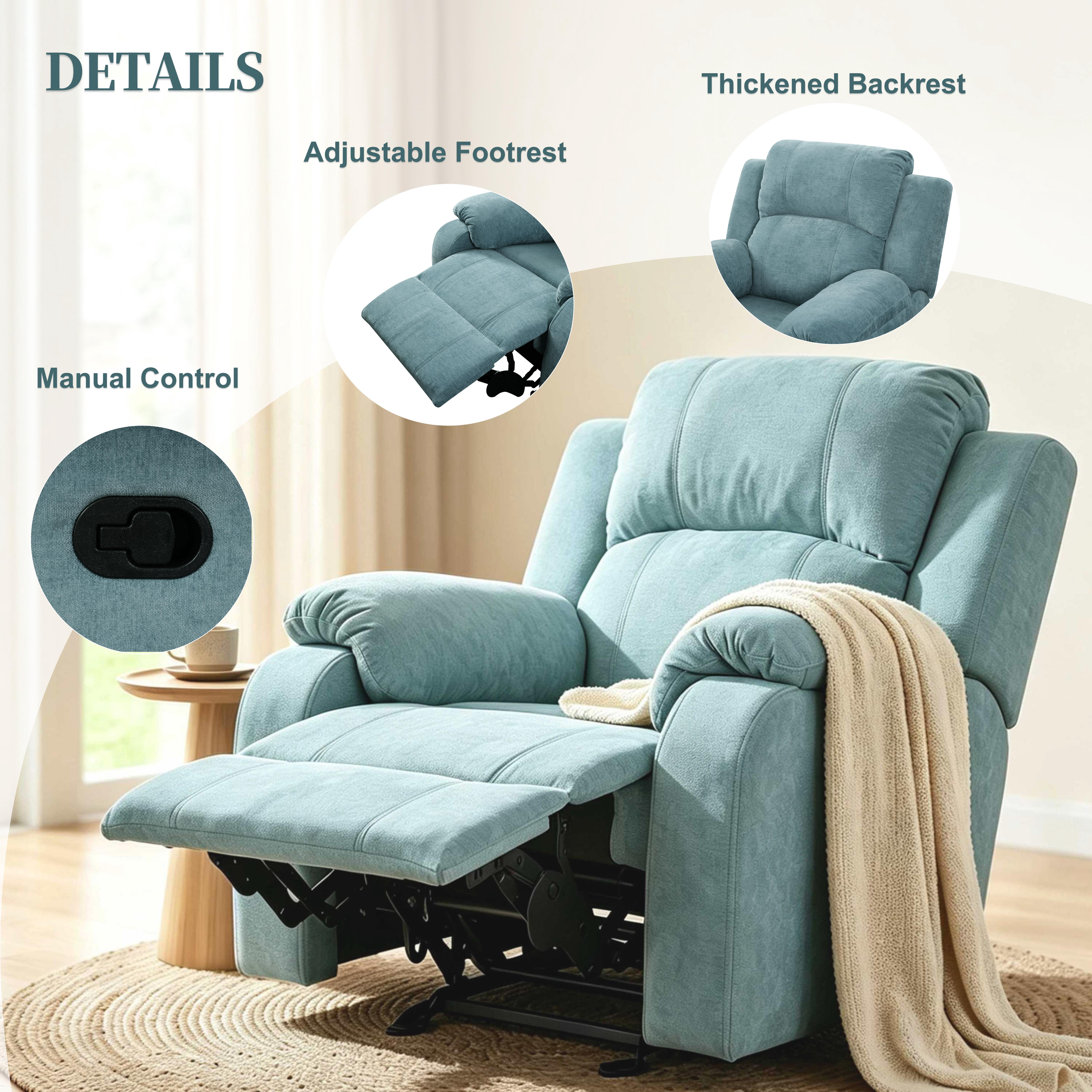 TiramisuBest Manual Recliner Chair,Chenille Upholstered Adjustable Lounge Armchair for Living Room,Teal