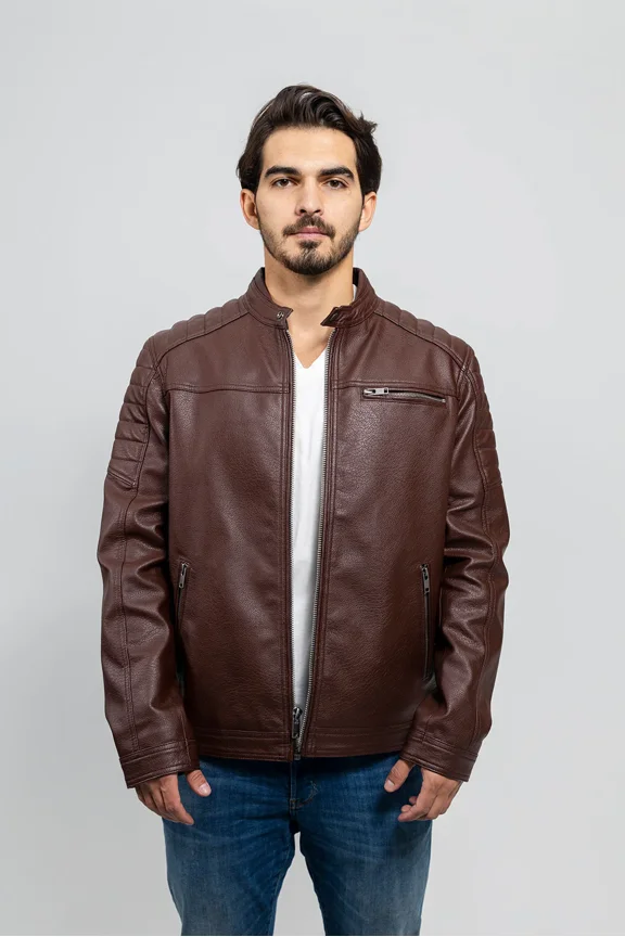 LOGAN Vegan Faux Leather Fashion Band Button Collar Quilted Shoulder Lightweight Casual Zip Up Jacket Men Redwood 2XL