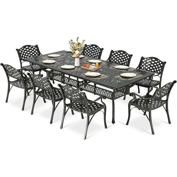 MEETWARM 9-Piece Outdoor Patio Dining Set for 8, All Weather Cast Aluminum Patio Funiture Table and Chairs Set- 94.5” Rectangular Table with 2" Umbrella Hole and 8 Chairs for Garden, Dark Bronze